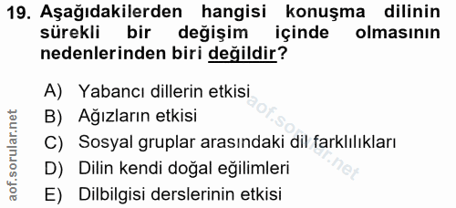 19. soru: Aşağıdakilerden hangisi konuşma dilinin sürekli bir değişim içinde olmasının nedenlerinden biri değildir? A) Yabancı…