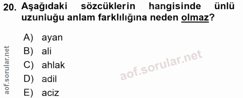 20. soru: Aşağıdaki sözcüklerin hangisinde ünlü uzunluğu anlam farklılığına neden olmaz? A) ayan B) ali C) ahlak D) adil E) aciz