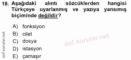 18. soru: Aşağıdaki alintı sözcüklerden hangisi Türkçeye uyarlanmış ve yazıya yansımış biçiminde değildir? A) fonksiyon B) cile…