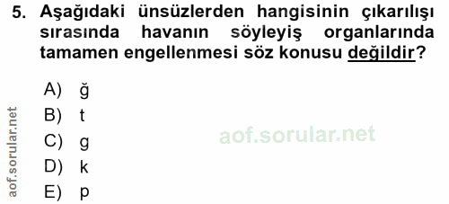 5. soru: Aşağıdaki ünsüzlerden hangisinin çıkarılışı sırasında havanın söyleyiş organlarında tamamen engellenmesi söz konusu d…
