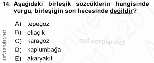 14. soru: Aşağıdaki birleşik sözcüklerin hangisinde vurgu, birleşiğin son hecesinde değildir? A) tepegöz ellaçık C) karagöz D)…