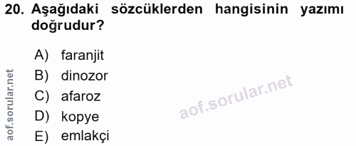 20. soru: Aşağıdaki sözcüklerden hangisinin yazımı doğrudur? A) faranjit orular.net B) dinozor C) afaroz aof.s D) kopye E) emlakçi
