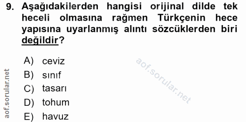 9. soru: Aşağıdakilerden hangisi orijinal dilde tek heceli olmasına rağmen Türkçenin hece yapısına uyarlanmış alıntı sözcükler…