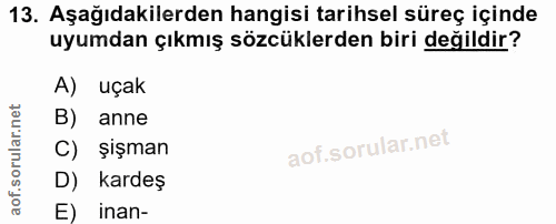 13. soru: Aşağıdakilerden hangisi tarihsel süreç içinde uyumdan çıkmış sözcüklerden biri değildir? A) uçak B) anne C) şişman D)…
