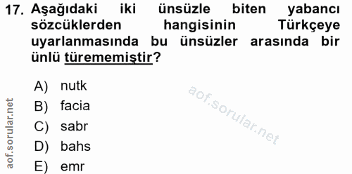17. soru: Aşağıdaki iki ünsüzle biten yabancı sözcüklerden hangisinin Türkçeye uyarlanmasında bu ünsüzler arasında bir ünlü tür…