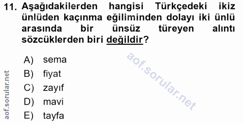 11. soru: Aşağıdakilerden hangisi Türkçedeki ikiz ünlüden kaçınma eğiliminden dolayı iki ünlü arasında ünsüz türeyen alıntı söz…