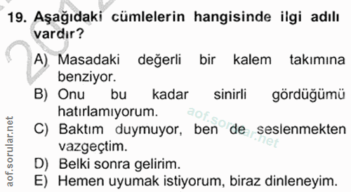 19. soru: Aşağıdaki cümlelerin hangisinde ilgi adılı vardır? A) Masadaki değerli bir kalem takımına benziyor. B) Onu bu l kadar…