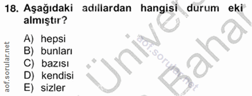 18. soru: Aşağıdaki adıllardan hangisi durum eki almıştır? A) hepsi B) bunları C) bazısı D) kendisi E) sizler
