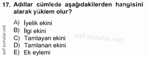 17. soru: Adıllar cümlede aşağıdakilerden hangisini alarak yüklem olur? A) İyelik ekini B) İlgi ekini C) Tamlayan ekini D) Taml…