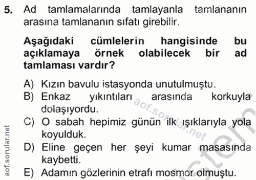 5. soru: Ad tamlamalarında tamlayanla tamlananın arasına tamlananın sıfatı girebilir. Aşağıdaki cümlelerin hangisinde bu açıkl…