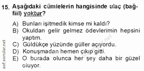15. soru: Aşağıdaki cümlelerin hangisinde ulaç (bağ- fiil) yoktur? A) Bunları işitmedik kimse mi kaldı? B) Okuldan gelir gelmez…
