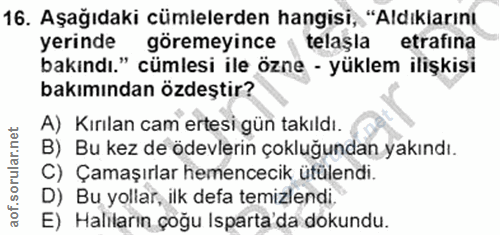 16. soru: Aşağıdaki cümlelerden hangisi, "Aldıklarını yerinde göremeyince ( telaşla etrafina bakındı." cümlesi ile özne - yükle…