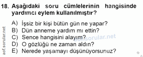 18. soru: Aşağıdaki soru cümlelerinin hangisinde yardımcı eylem kullanılmıştır? A) İşsiz bir kişi bütün gün ne yapar? B) Dün an…