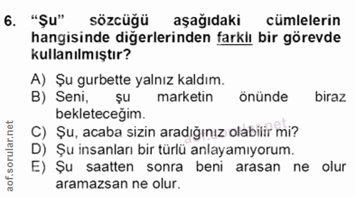 6. soru: "Su" sözcüğü aşağıdaki cümlelerin hangisinde diğerlerinden farklı bir görevde kullanılmıştır? A) Şu gurbette yalnız k…