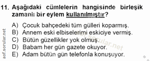 11. soru: Aşağıdaki cümlelerin hangisinde birleşik zamaniı bir eylem kullanılmıştır? A) Çocuk bahçedeki tüm gülleri koparmış. B…