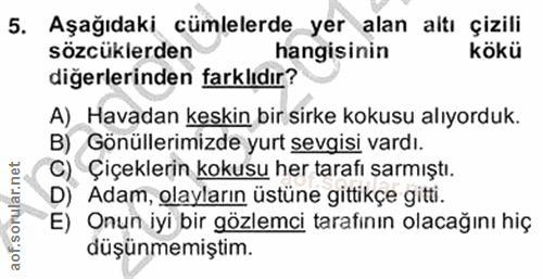 5. soru: Aşağıdaki cümlelerde yer alan altı çizili sözcüklerden hangisinin kökü diğerlerinden farklıdır? A) Havadan keskin bir…