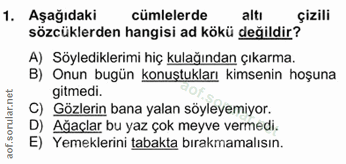 1. soru: Aşağıdaki cumlelerde altı çizili sözcüklerden hangisi ad kökü değildir? A) Söylediklerimi hiç kulağından çıkarma. B)…