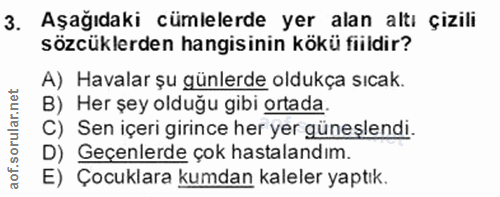 3. soru: Aşağıdaki cümlelerde yer alan altı çizili sözcüklerden hangisinin kökü fiildir? A) Havalar şu günlerde oldukça sıcak.…