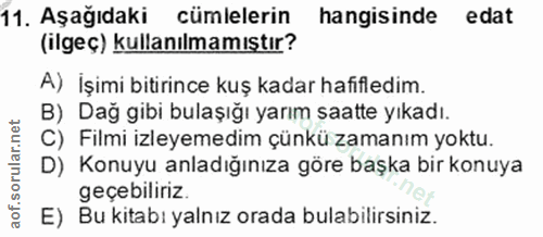 11. soru: Aşağıdaki cümlelerin hangisinde edat (ilgeç) kullanılmamıştır? A) İşimi bitirince kuş kadar hafifledim. B) Dağ gibi b…