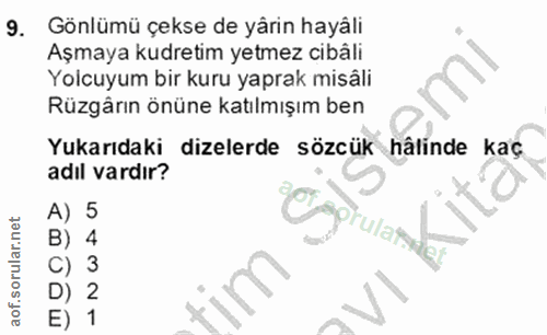 9. soru: Gönlümü çekse de yarin hayali Aşmaya kudretim yetmez cibali Yolcuyum bir kuru yaprak misâli Rüzgärın önüne katılmışım…