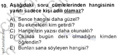 10. soru: Aşağıdaki soru cümlelerinden hangisinin yanıtı sadece kişi adılı olamaz? A), Sence hangisi daha güzel? B) Bu ekmekler…