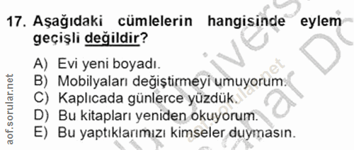 17. soru: Aşağıdaki cümlelerin hangisinde eylem geçişli değildir? A) Evi yeni boyadı. B) Mobilyaları değiştirmeyi umuyorum: C)…