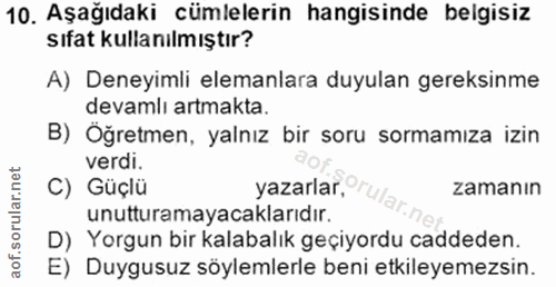 10. soru: Aşağıdaki cümlelerin hangisinde belgisiz sıfat kullanılmıştır? A) Deneyimli elemanlara duyulan gereksinme devamlı art…