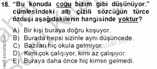 18. soru: "Bu konuda çoğu bizim gibi düşünüyor." cümlesindeki altı çizili sözcüğün türce özdeşi aşağıdakilerin hangisinde yoktu…