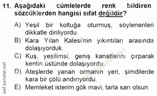 11. soru: Aşağıdaki cumlelerde renk bildiren sözcüklerden hangisi sıfat değildir? A) Yeşil bir koltuğa oturmuş, söylenenleri di…