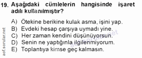 19. soru: Aşağıdaki cümlelerin hangisinde işaret adılı kullanılmıştır? A) Ötekine berikine kulak asma, işini yap. B) Evdeki hes…