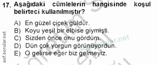 17. soru: Aşağıdaki cümlelerin hangisinde koşul belirteci kullanılmıştır? A) En güzel çiçek güldür. B) Koyu yeşil bir elbise gi…