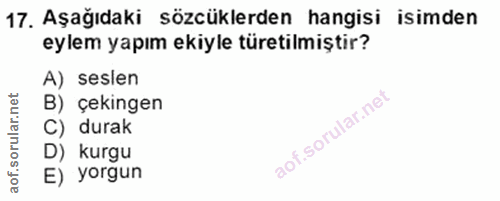 17. soru: Aşağıdaki sözcüklerden hangisi isimden eylem yapım ekiyle türetilmiştir? A) seslen B) çekingen C) durak D) kurgu E) y…