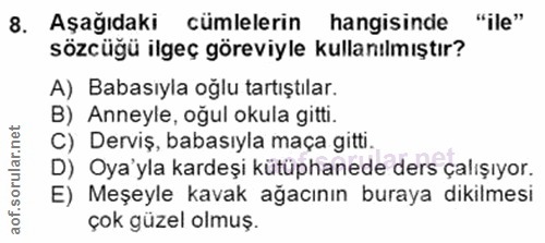 8. soru: Aşağıdaki cümlelerin hangisinde "ile" sözcüğü ilgeç göreviyle kullanılmıştır? A) Babasıyla oğlu tartıştılar. B) Anney…