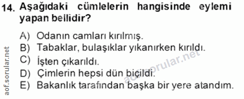 14. soru: Aşağıdaki cümlelerin hangisinde eylemi yapan bellidir? A) Odanın camları kırılmış. B) Tabaklar, bulaşıklar yıkanırken…