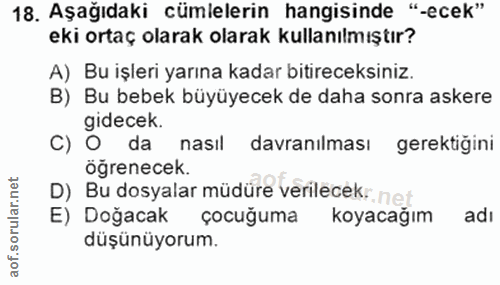 18. soru: Aşağıdaki cümlelerin hangisinde "-ecek" eki ortaç olarak olarak kullanılmıştır? A) Bu işleri yarına kadar bitireceksi…