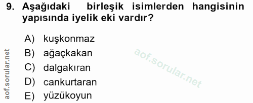 9. soru: Aşağıdaki birleşik isimlerden hangisinin yapısında iyelik eki vardır? A) kuşkonmaz B) ağaçkakan C) dalgakıran D) cank…