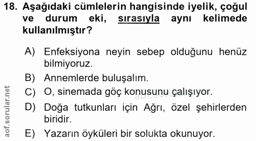 18. soru: Aşağıdaki cümlelerin hangisinde iyelik, çoğul ve durum eki, sırasıyla aynı kelimede kullanılmıştır? A) Enfeksiyona ne…