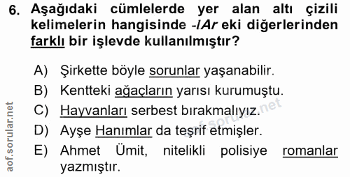 6. soru: Aşağıdaki cümlelerde yer alan altı çizili kelimelerin hangisinde -lAr eki diğerlerinden farklı bir işlevde kullanılmı…