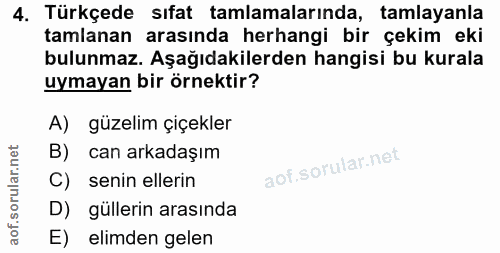 4. soru: Türkçede sıfat tamlamalarında, tamlayanla tamlanan arasında herhangi bir çekim eki bulunmaz. Aşağıdakilerden hangisi…