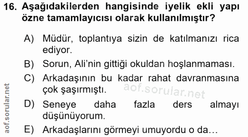 16. soru: Aşağıdakilerden hangisinde iyelik ekli yapı özne tamamlayıcısı olarak kullanılmıştır? A) Mudür, toplantıya sizin de k…