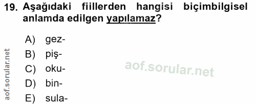 19. soru: Aşağıdaki fiillerden hangisi biçimbilgisel anlamda edilgen yapılamaz? A) gez- B) piș- C) oku- D) bin- E) sula-