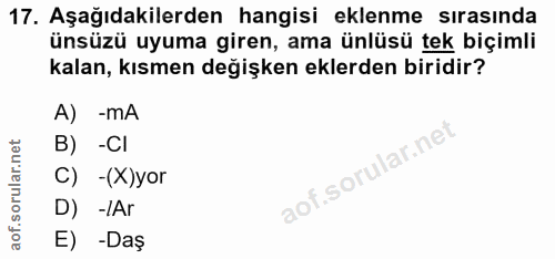17. soru: Aşağıdakilerden hangisi eklenme sırasında ünsüzü uyuma giren, ama ünlüsü tek biçimli kalan, kısmen değişken eklerden…