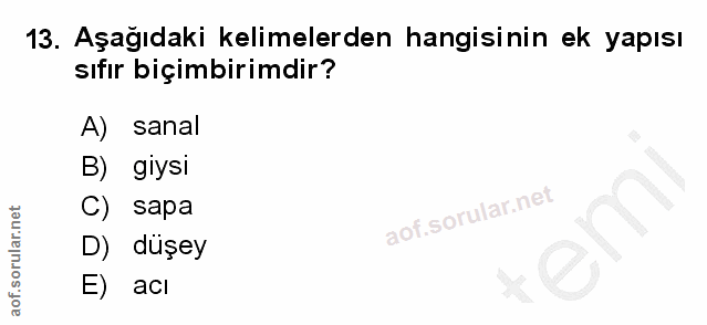 13. soru: Aşağıdaki kelimelerden hangisinin ek yapısı sıfır biçimbirimdir? A) sanal B) giysi C) sapa D) düşey E) acı