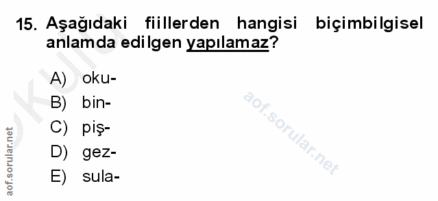 15. soru: Aşağıdaki fiillerden hangisi biçimbilgisel anlamda edilgen yapılamaz? A) oku- B) bin- c) pIş- sorular.nel D) gez- E)…