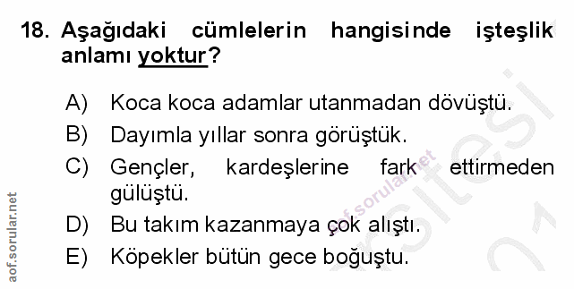 18. soru: Aşağıdaki cümlelerin hangisinde işteşlik anlamı yoktur? A) Koca koca adamlar utanmadan dövüştü. B) Dayımla yıllar son…