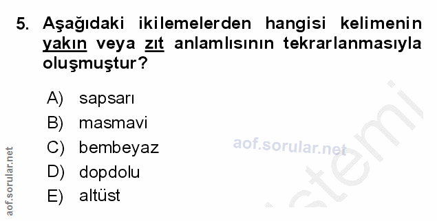 5. soru: Aşağıdaki ikilemelerden hangisi kelimenin yakın veya zıt anlamlısının tekrarlanmasıyla oluşmuştur? A) sapsarı B) masm…