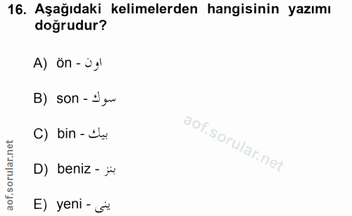16. soru: Aşağıdaki kelimelerden hangisinin yazımı doğrudur? A) ön - ügl B) son - Jew C) bin - Iw D) beniz - w E) yeni - 5*