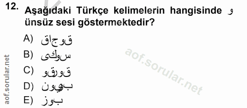 12. soru: Aşağıdaki Türkçe kelimelerin hangisinde s ünsüz sesi göstermektedir? قوج اق (A B) sézu D) Ürş. E) jº÷