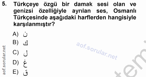 5. soru: Türkçeye özgü bir damak sesi olan ve genizsi özelliğiyle ayrılan ses, Osmanlı Türkçesinde aşağıdaki harflerden hangis…