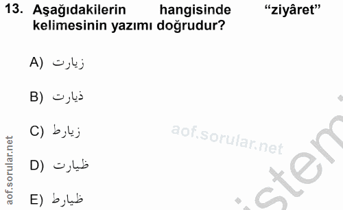 13. soru: Aşağıdakilerin hangisinde "ziyâret" kelimesinin yazımı doğrudur? زيارت (A B) → ,li زيارط (C ظيارت (D E) b,lö